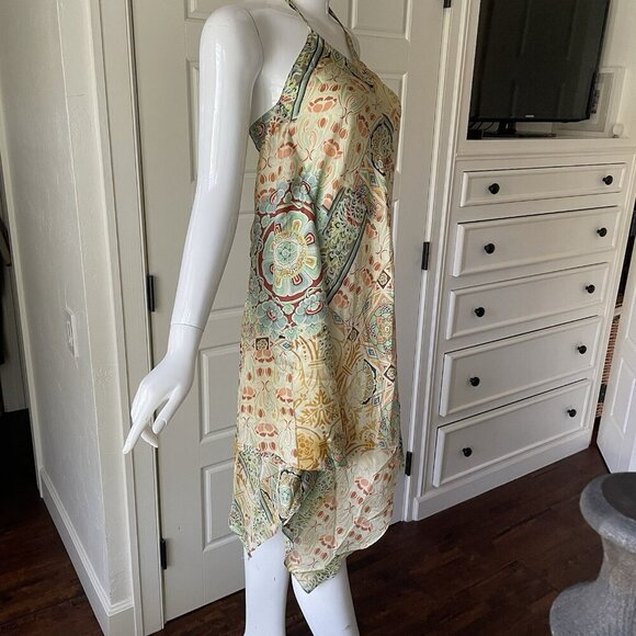 KAREN ZAMBOS VINTAGE COUTURE SILK SCARF DRESS FLORAL HALTER MIDI DRESS SZ S - Picture 2 of 9